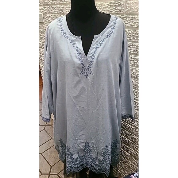 Blair Tops - BLAIR Women's Blue Chambray Shirt Embroidered 3x Light Boho Pheasant Lovely
